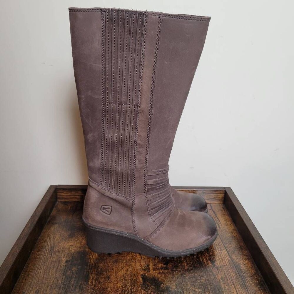 KEEN Womens Brown Zurich Leather Wedge Heel Knee High Boots Side Zip Size US 6 1